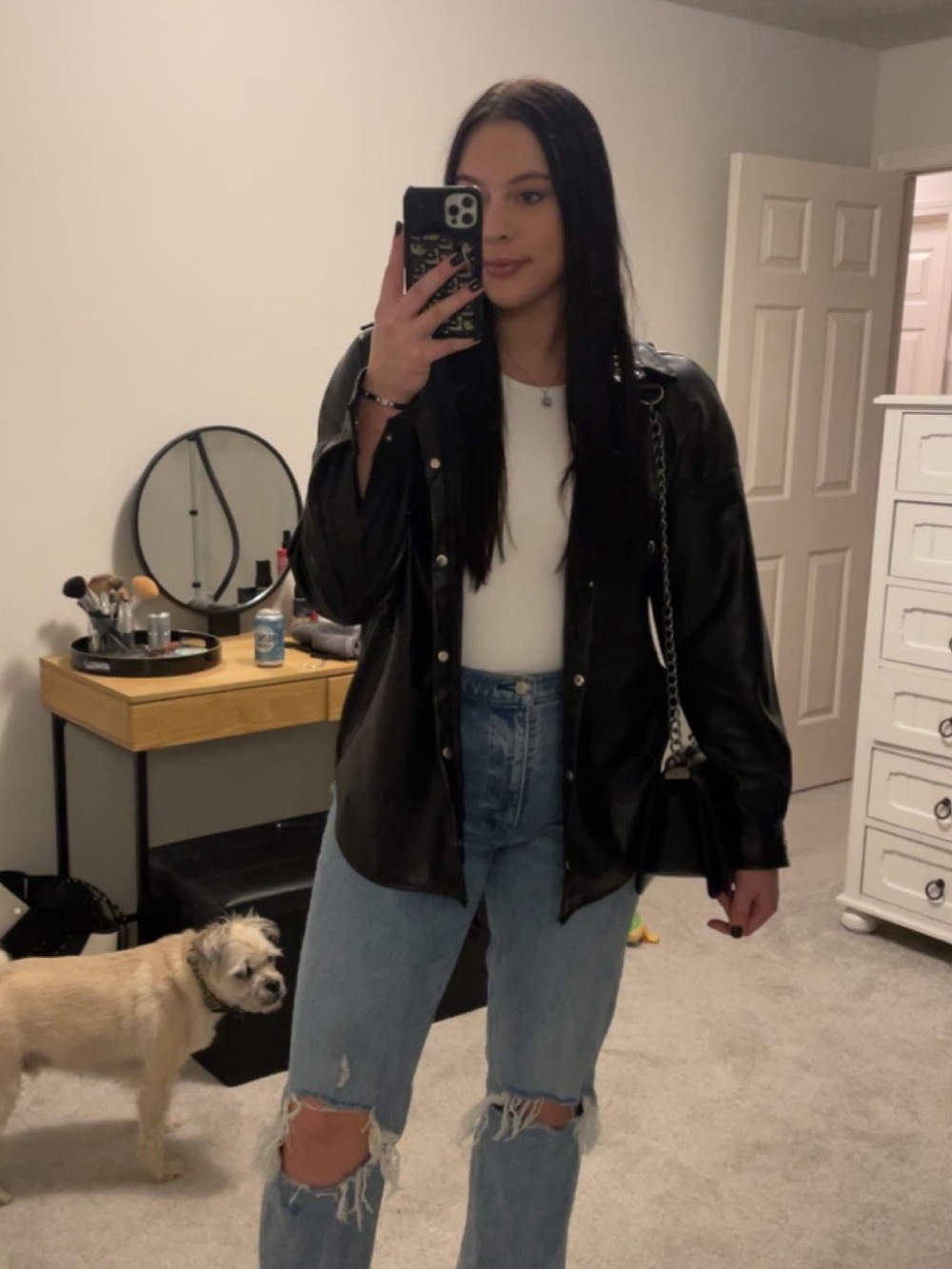 Black Faux Leather Button-Up Jacket
